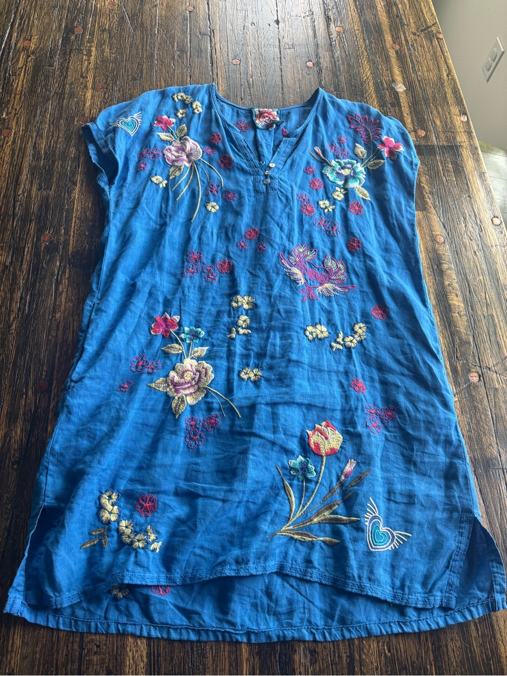 Embroidered Floral Blue Tunic Dress 100% linen